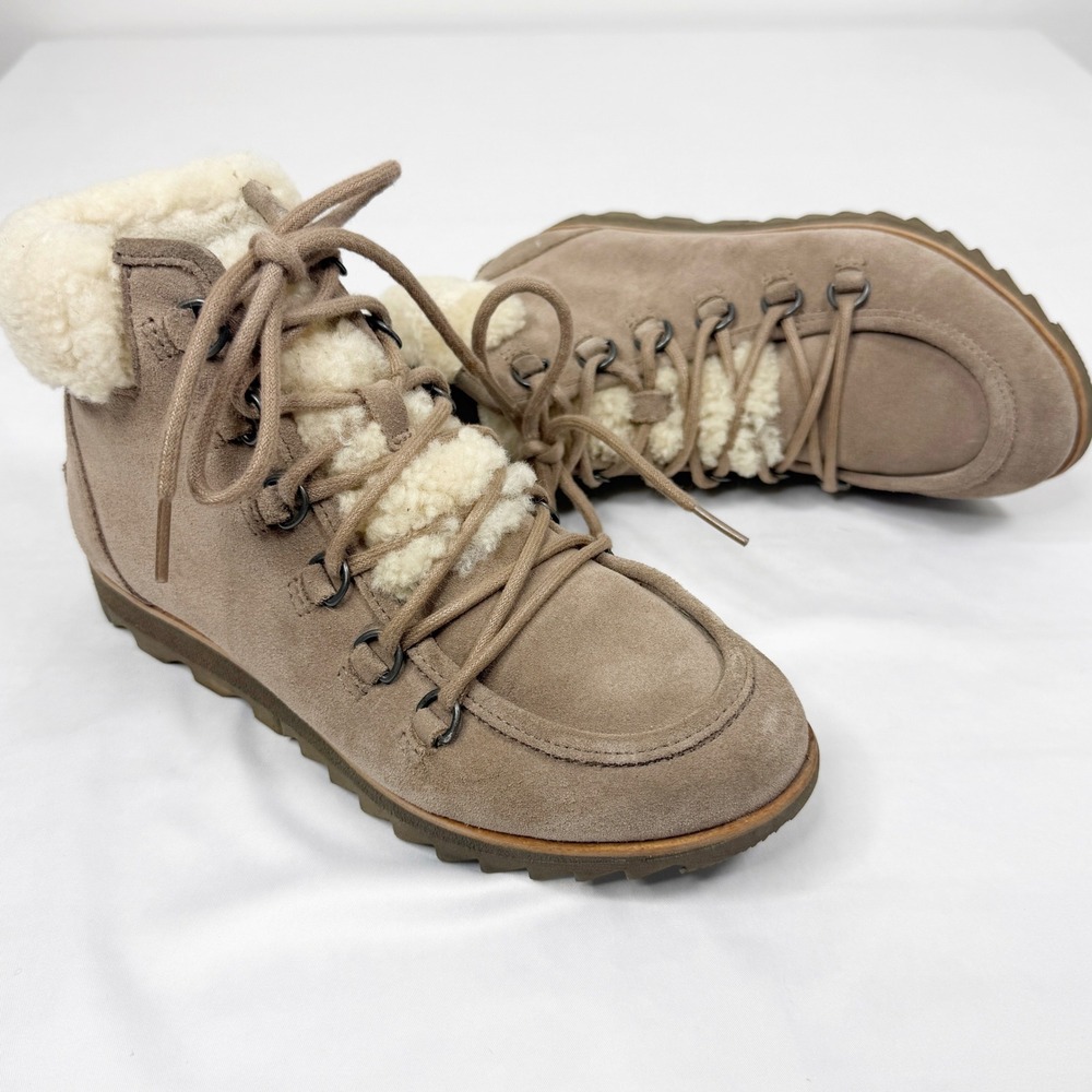 SOREL Harlow Lace Cozy Bootie Ash Brown Suede Shearling Waterproof Winter Size 7